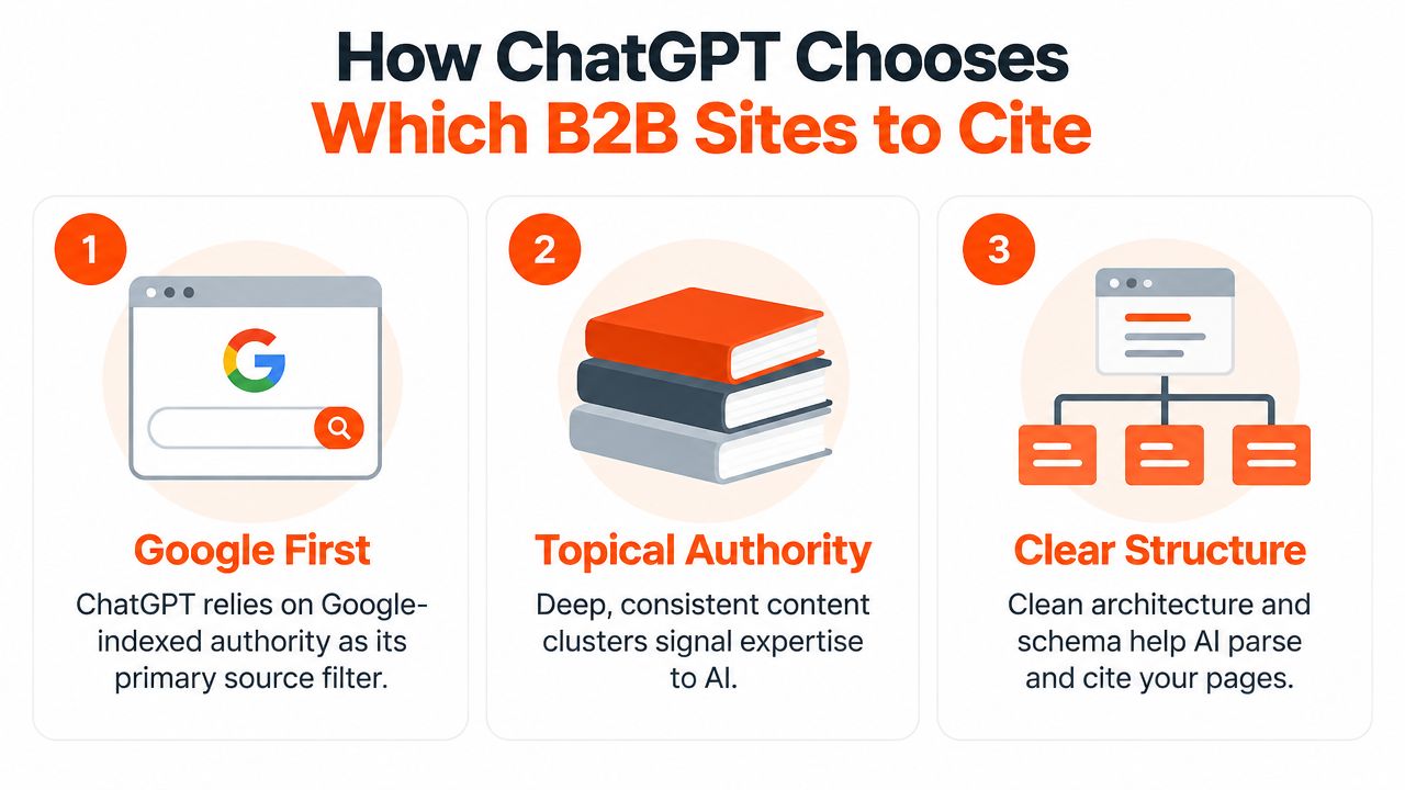 An infographic showing three steps ChatGPT uses to select B2B websites for citations in search results.