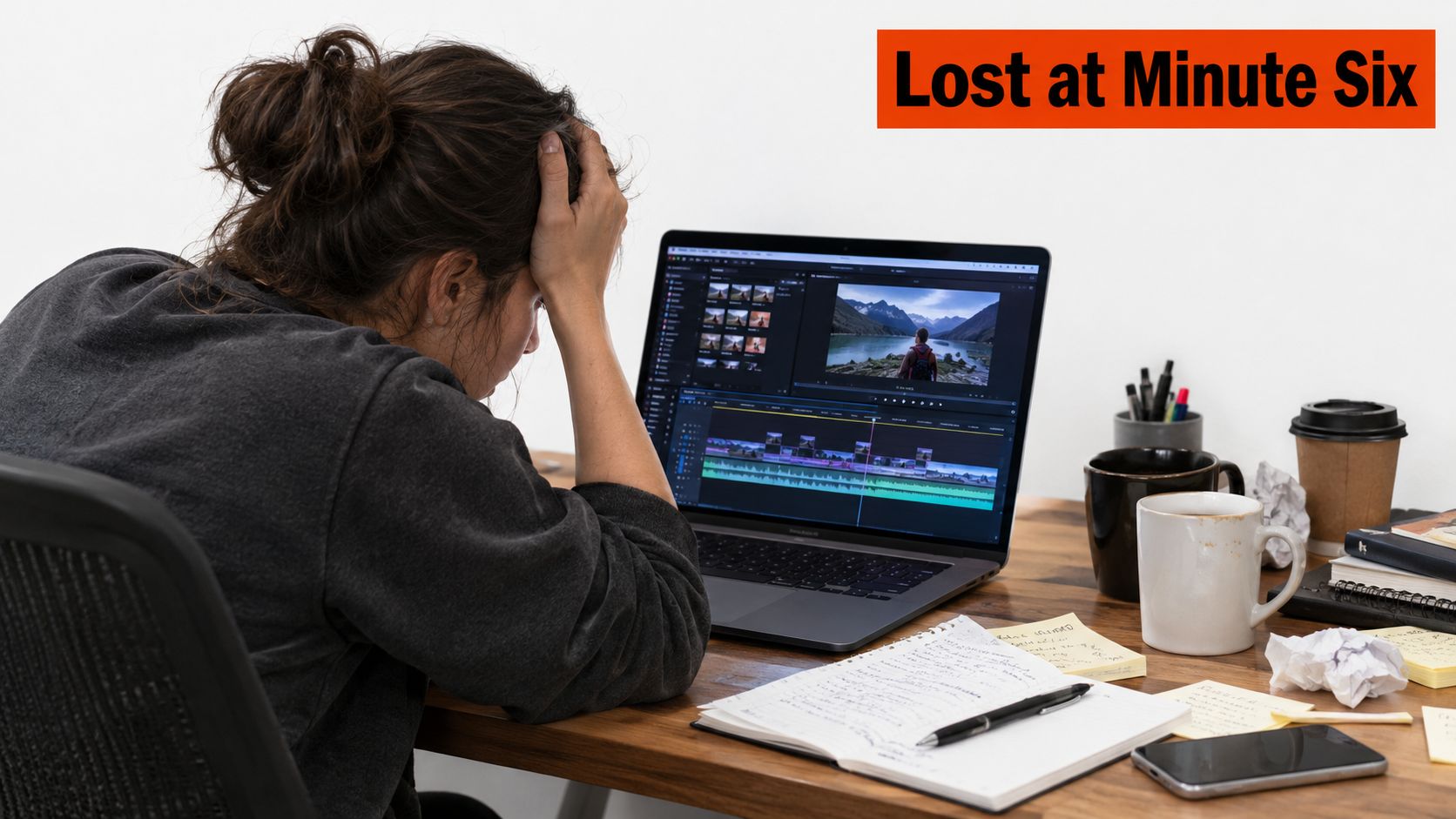 A woman looks frustrated while editing a video on her laptop at a cluttered wooden desk.