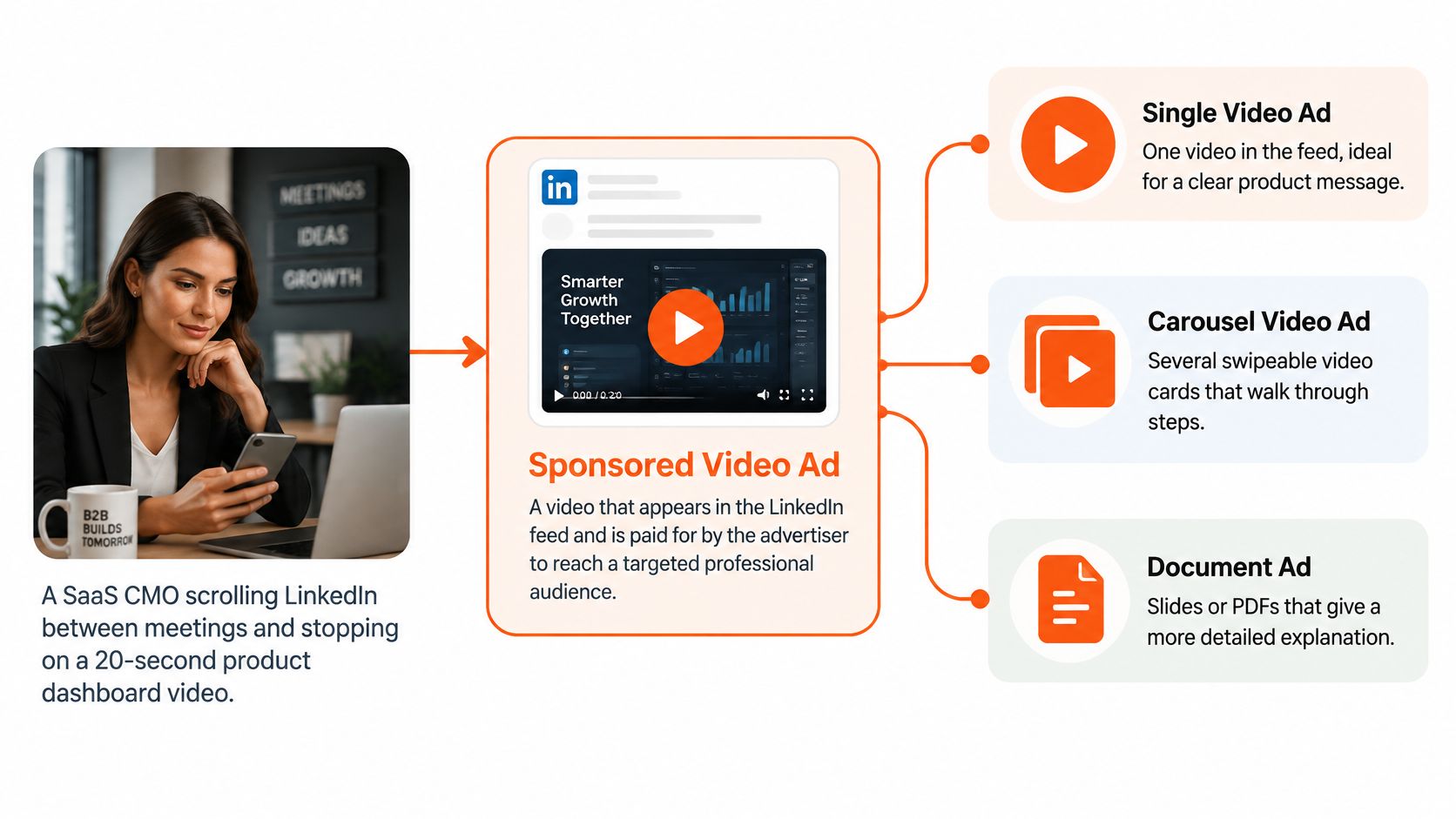 A professional SaaS CMO scrolling LinkedIn to discover different types of sponsored video ads on the platform.