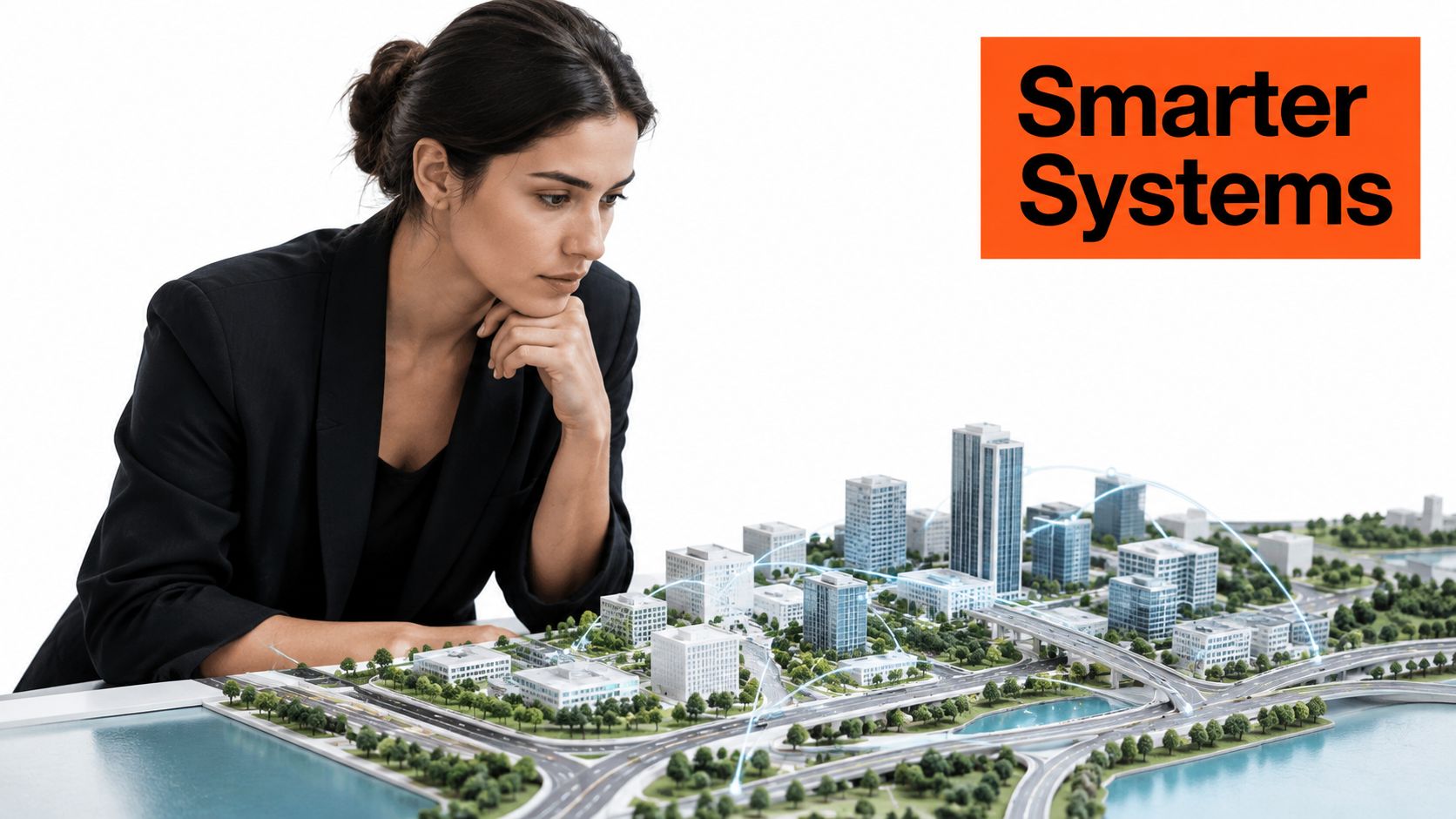 A professional woman in a business suit examining a detailed urban planning model with digital network connections.