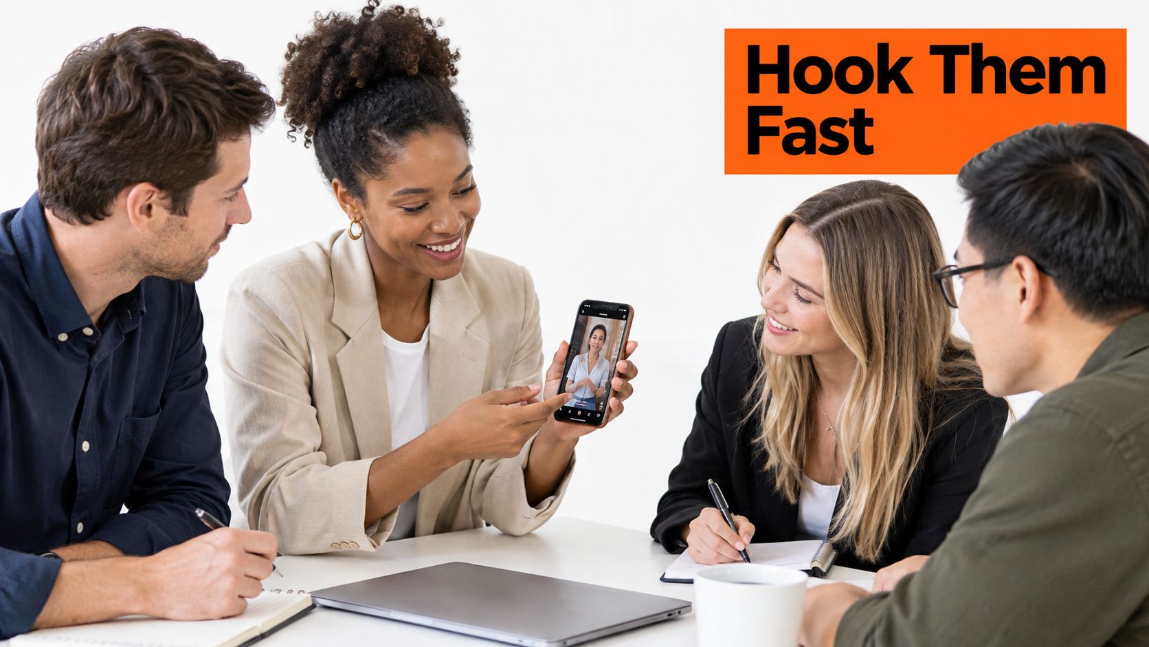 A diverse group of professionals collaborating in a meeting while looking at a smartphone screen showing video.