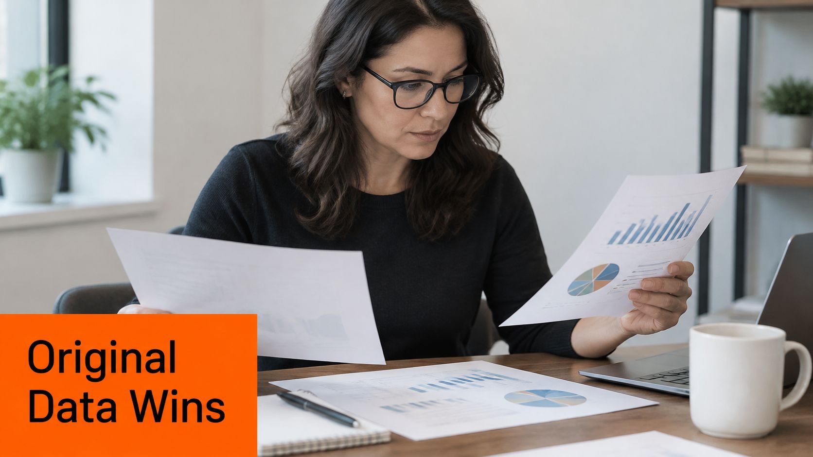 A professional woman in a black sweater analyzing financial charts and data reports at her desk.
