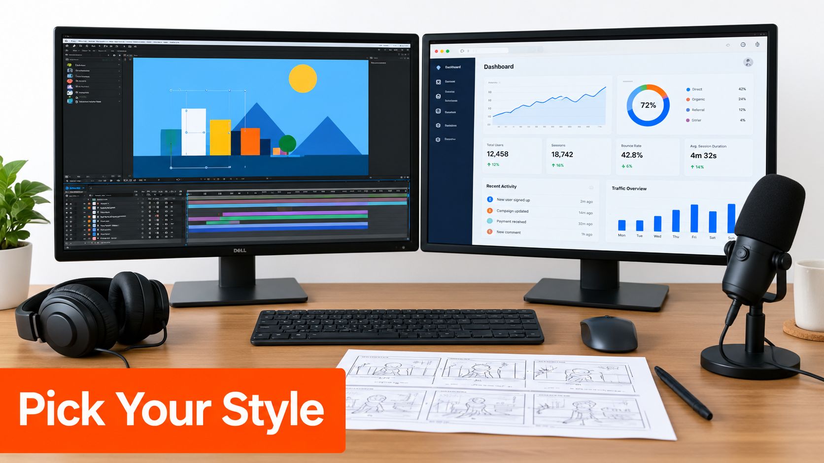 A modern creative workspace featuring dual monitors displaying video editing software and a dashboard, with headphones and microphone.