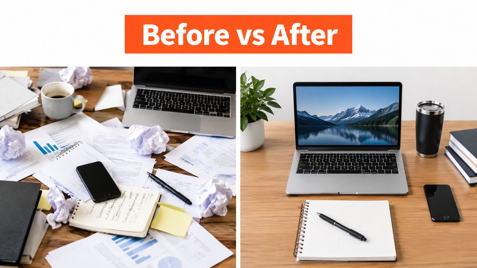 A split image comparing a cluttered, messy desk to a clean, organized workspace for productivity improvement.