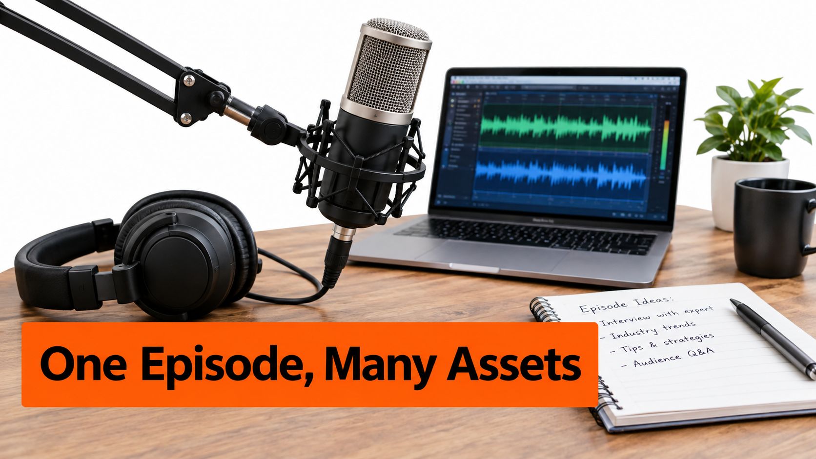 A professional podcasting setup with a microphone, headphones, laptop showing audio waveforms, and a notepad on desk.
