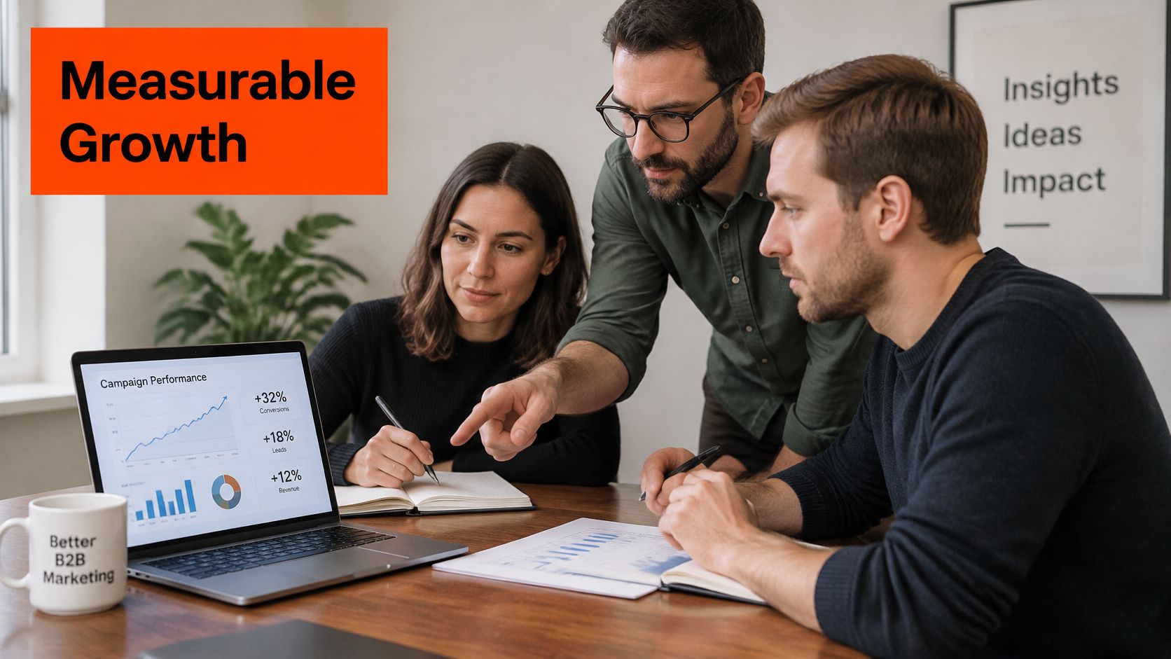 A professional team of three collaborating and analyzing business growth data on a laptop in an office.