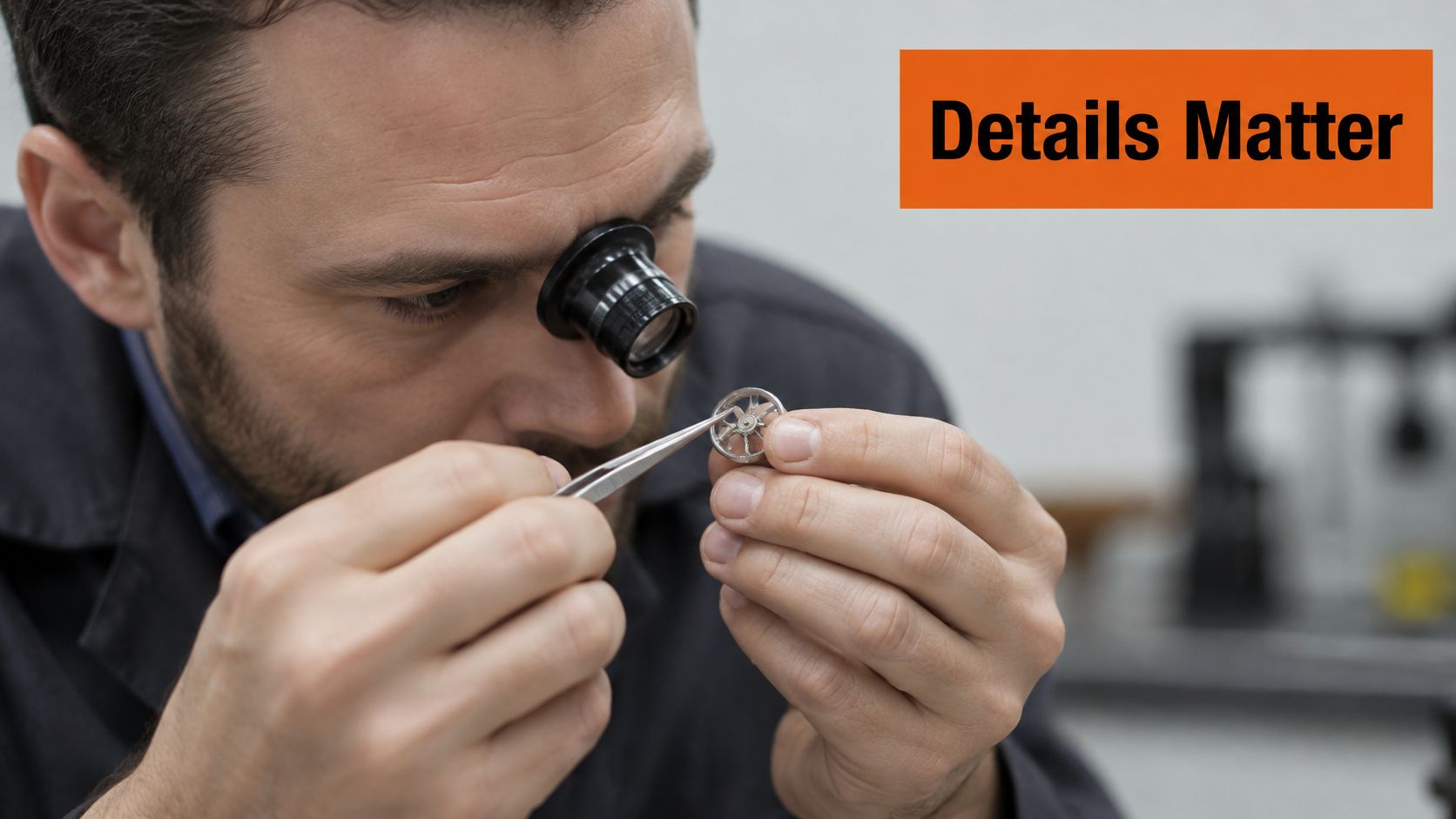 A watchmaker uses a jeweler's loupe and tweezers to inspect a tiny watch gear with extreme focus.