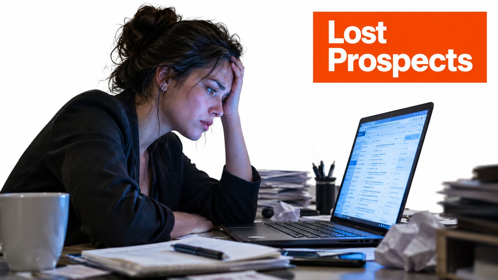 A stressed woman working at her desk on a laptop with the text Lost Prospects displayed above.