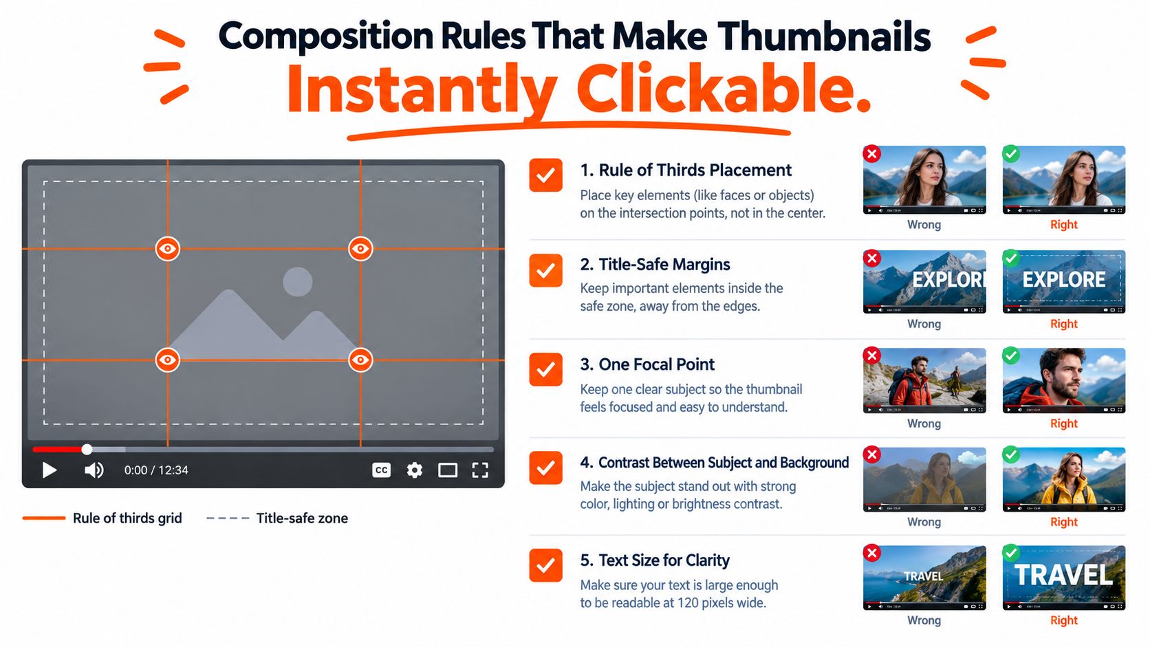 An infographic detailing five essential composition rules for creating visually appealing and clickable video thumbnails.