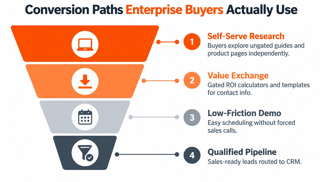 A funnel infographic detailing the four steps of enterprise buyer conversion paths from research to sales.