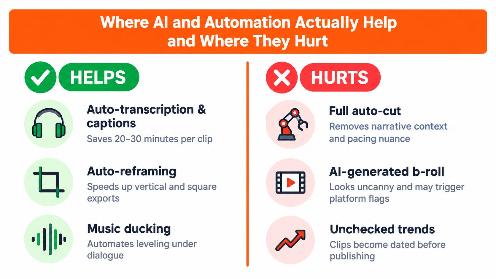A comparison chart showing how AI and automation can help or hurt the video editing process.