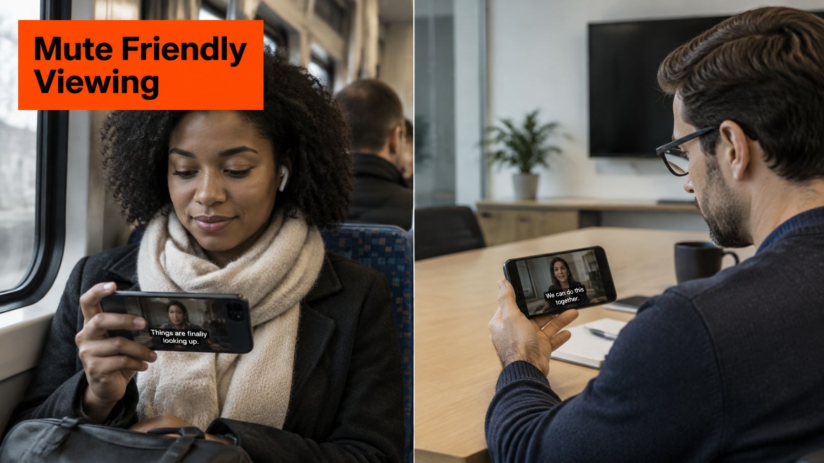 A split image showing a woman and a man watching captioned videos on their smartphones while commuting.