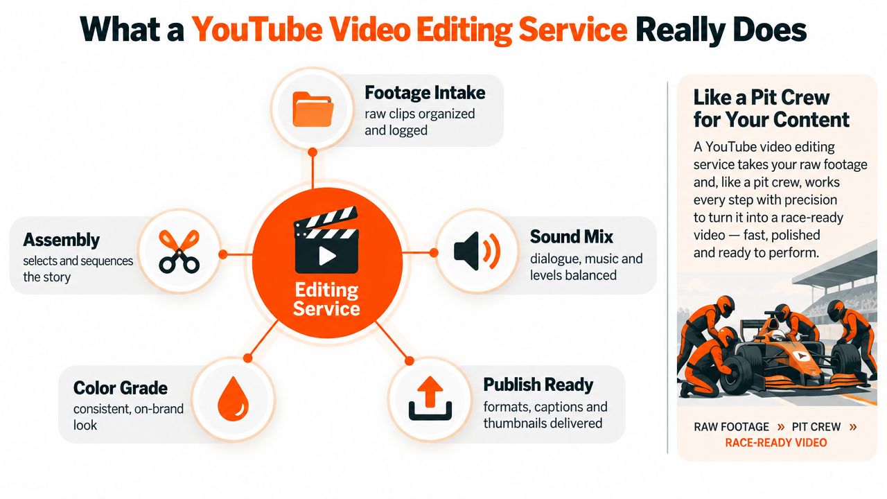 An infographic showing the five core stages of a professional YouTube video editing service process.