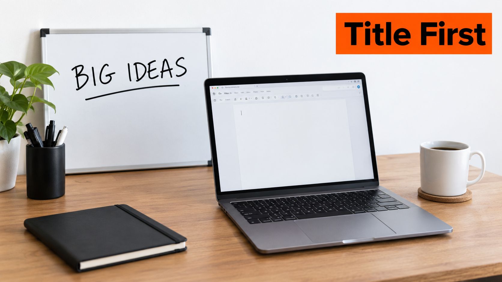 A minimalist desk setup featuring a laptop with a blank document, a notebook, and a whiteboard.