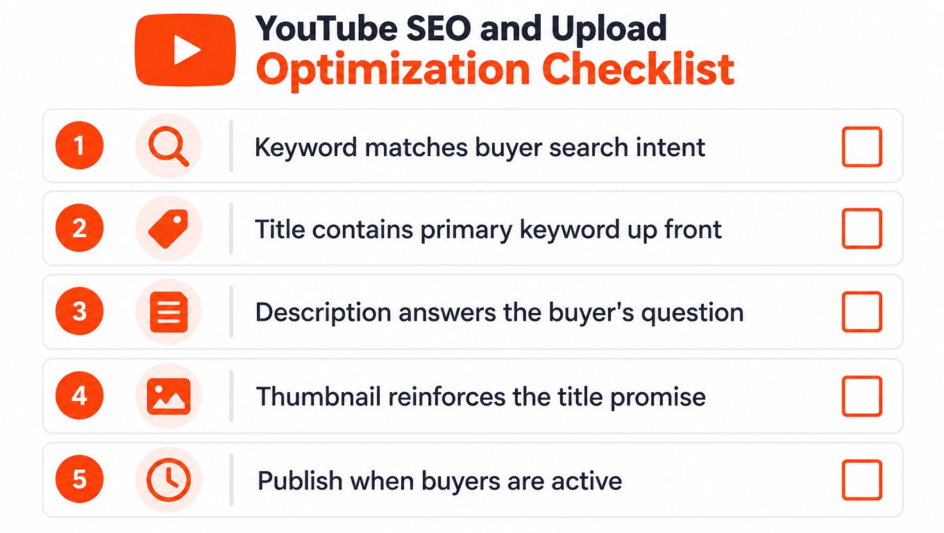 A five-point checklist for optimizing YouTube videos for search engine performance and audience engagement.