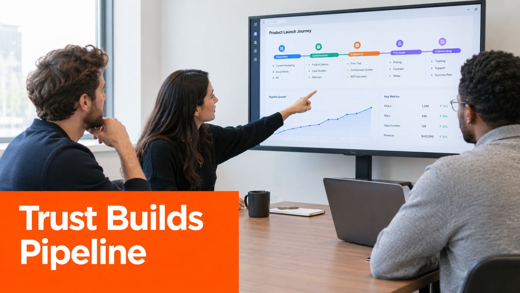 A professional team collaborating on a marketing strategy in a modern office using a digital dashboard.
