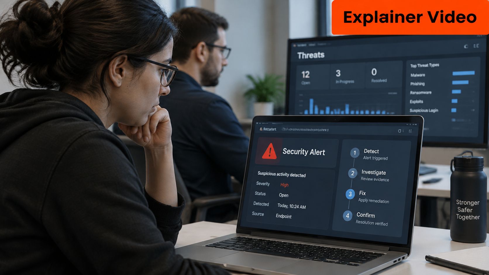 A professional woman monitoring cybersecurity threat alerts on a laptop screen in a modern office environment.
