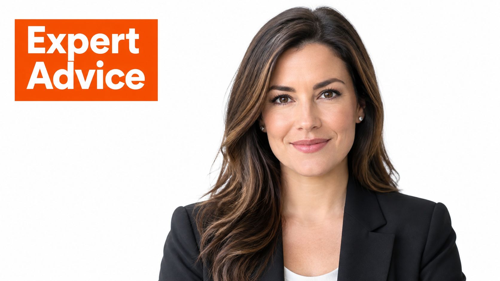 A professional woman in a black blazer smiling next to an orange Expert Advice text box.