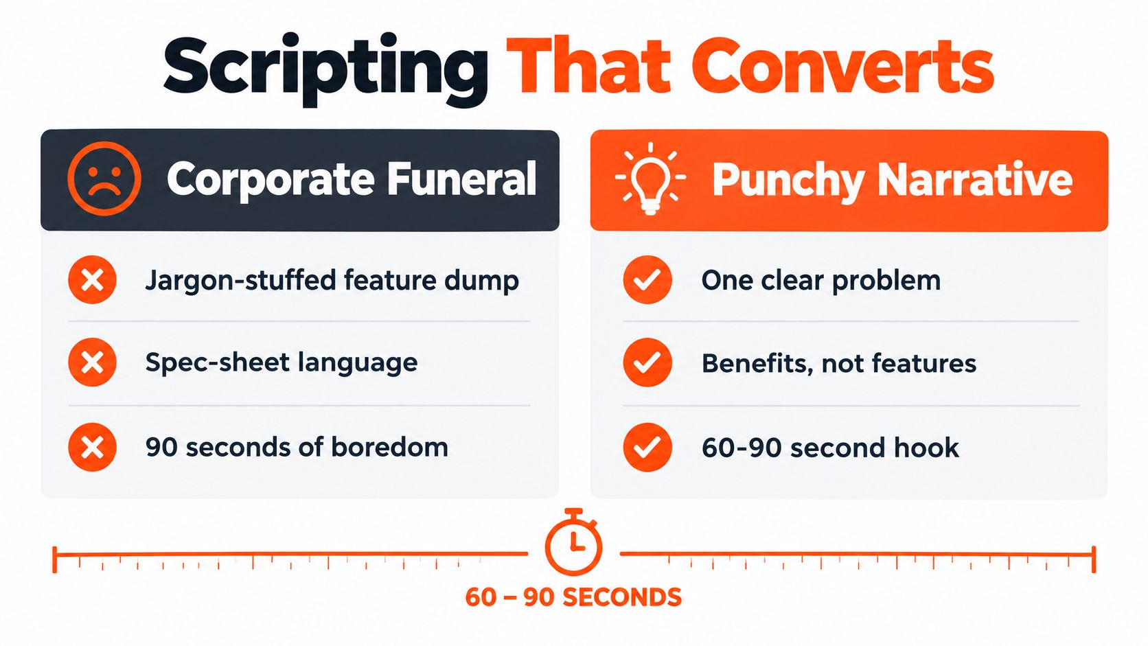 A comparison chart contrasting boring corporate funeral scripts with effective punchy narrative scripts for video production.