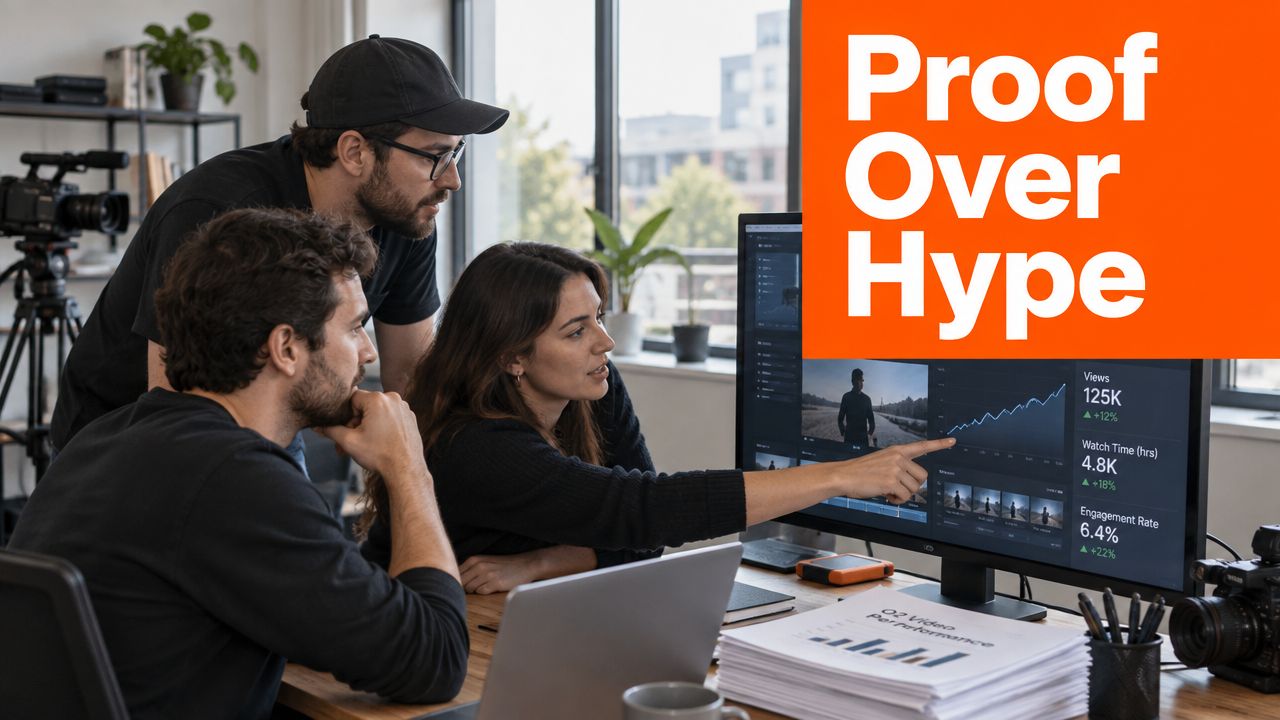 A professional creative team reviews video analytics data on a computer monitor in an office setting.