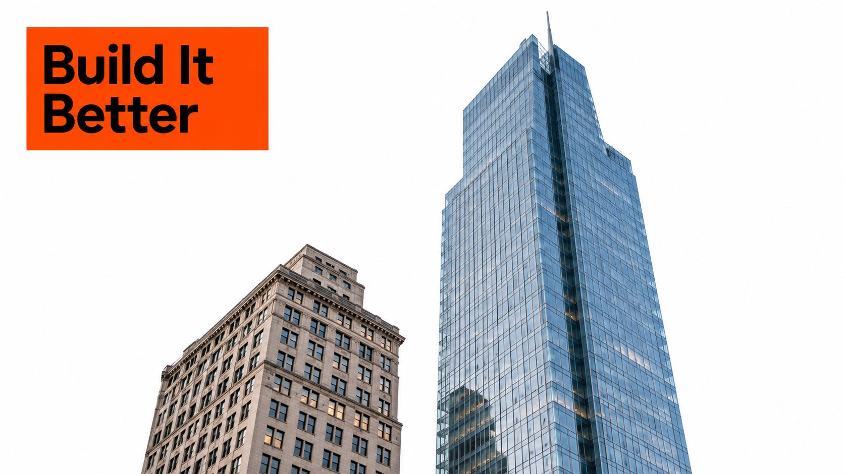 A modern glass skyscraper standing tall next to an older, historic stone building against a white background.