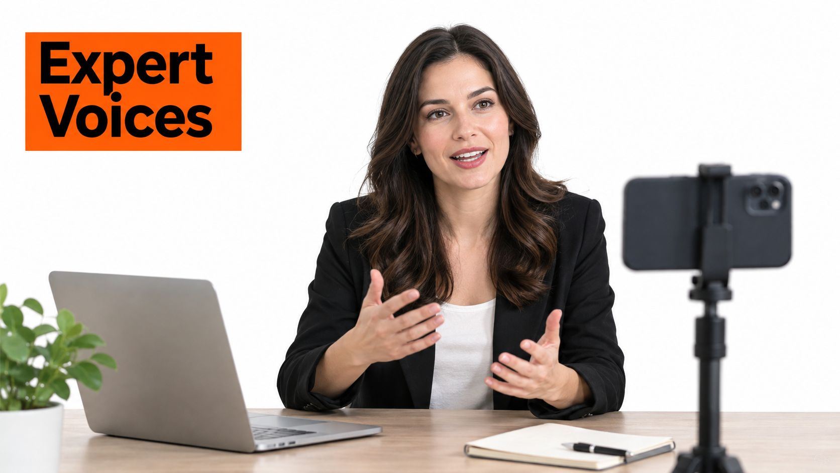 A professional woman in a business suit speaks to a camera while recording a video for work.