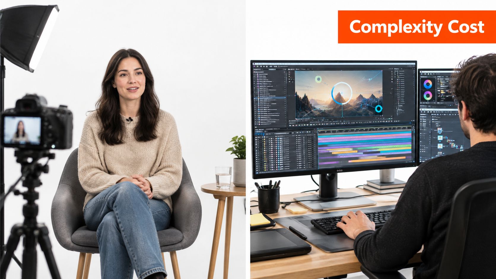 A split screen showing a person being filmed on the left and a video editor working on the right.