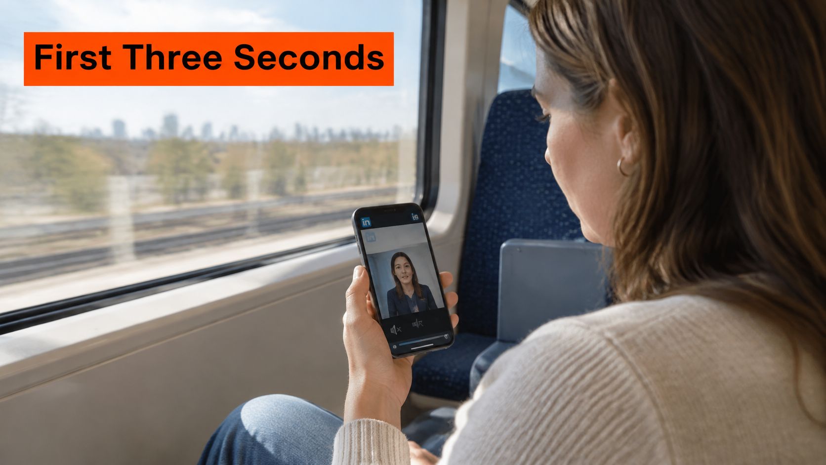 A woman riding a train watches a professional video advertisement on her smartphone while commuting.