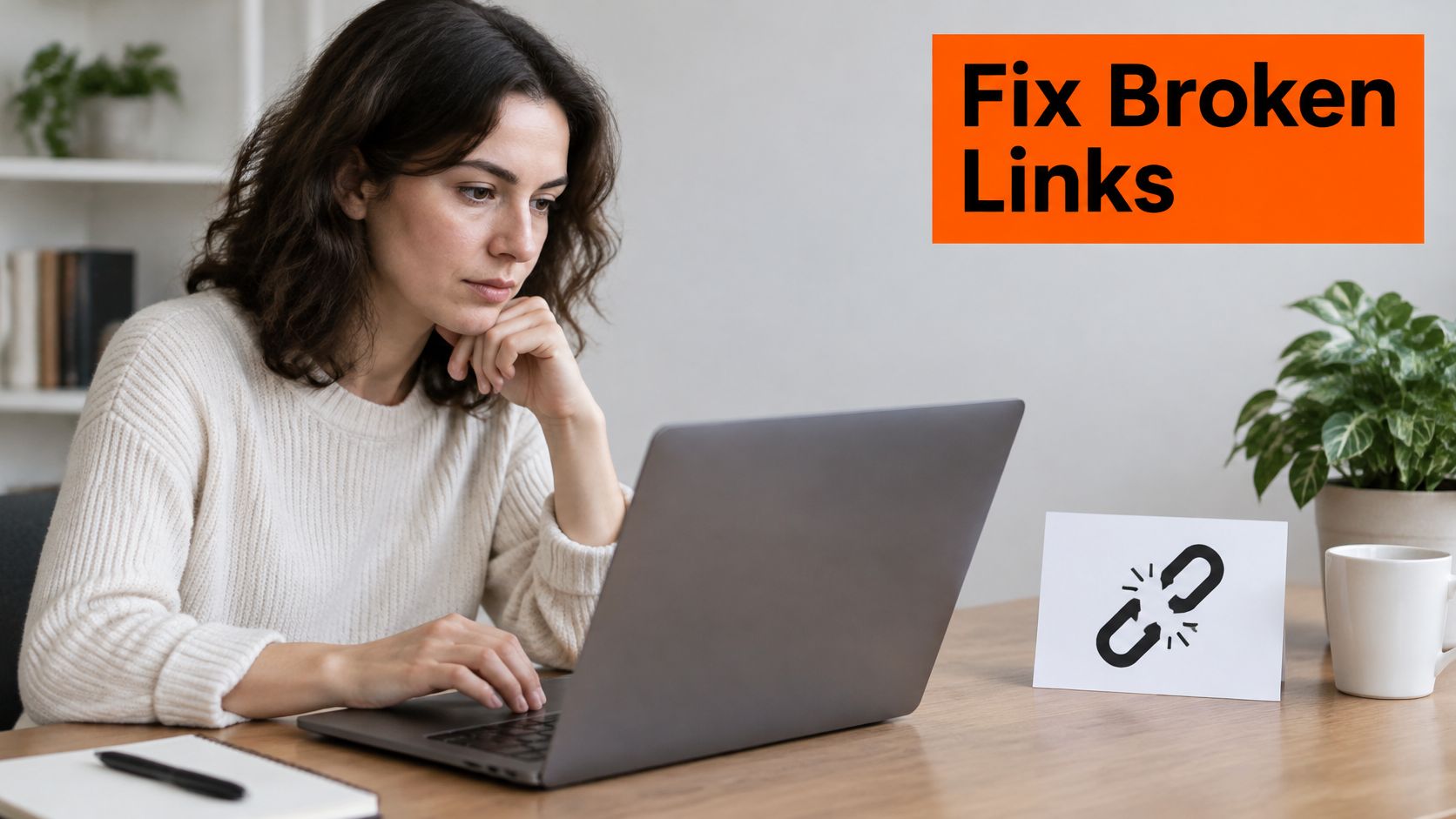A woman working on a laptop at a desk with a sign showing a broken chain link icon.
