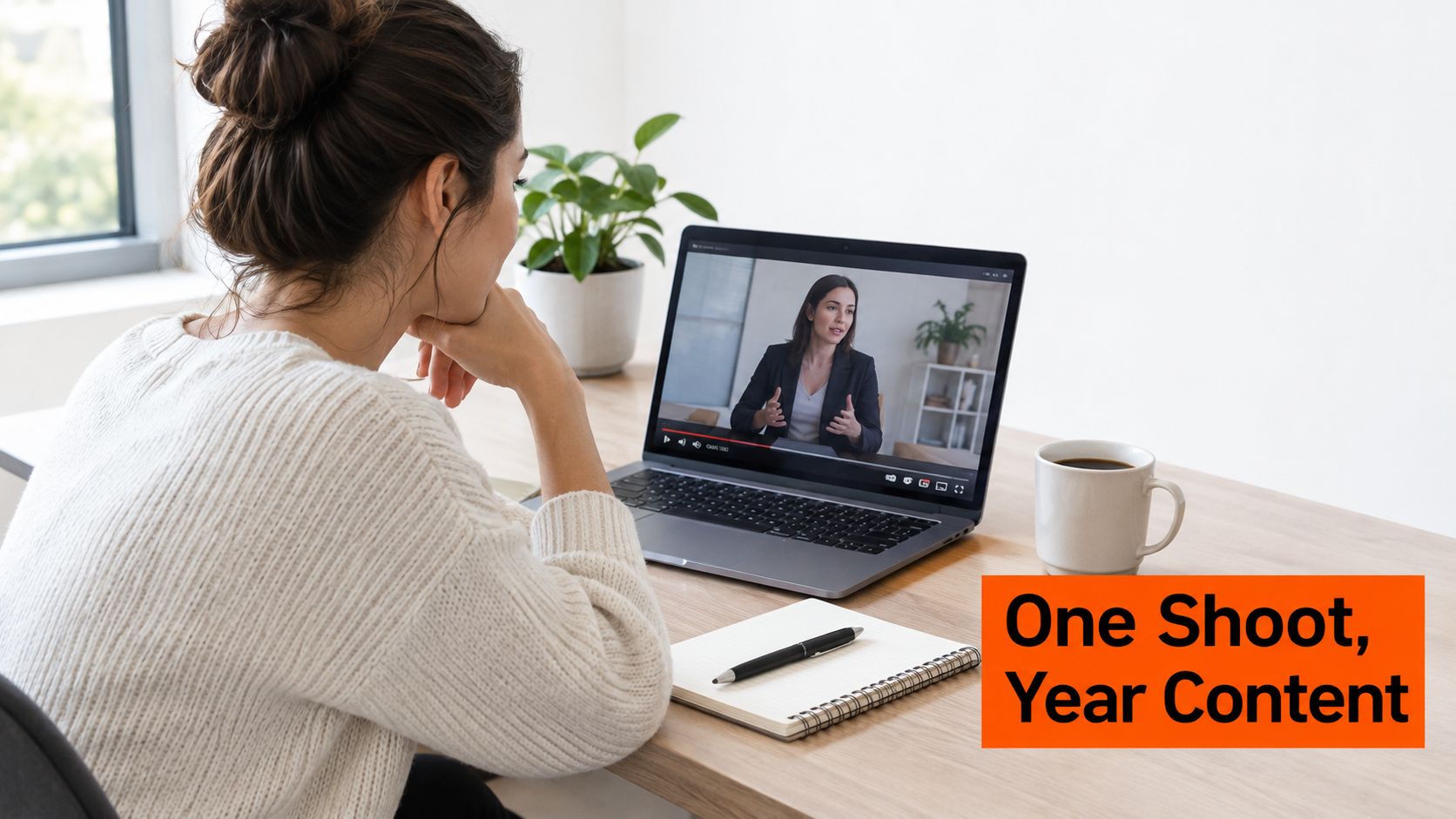 A woman sits at a wooden desk watching a professional presentation on her laptop computer.