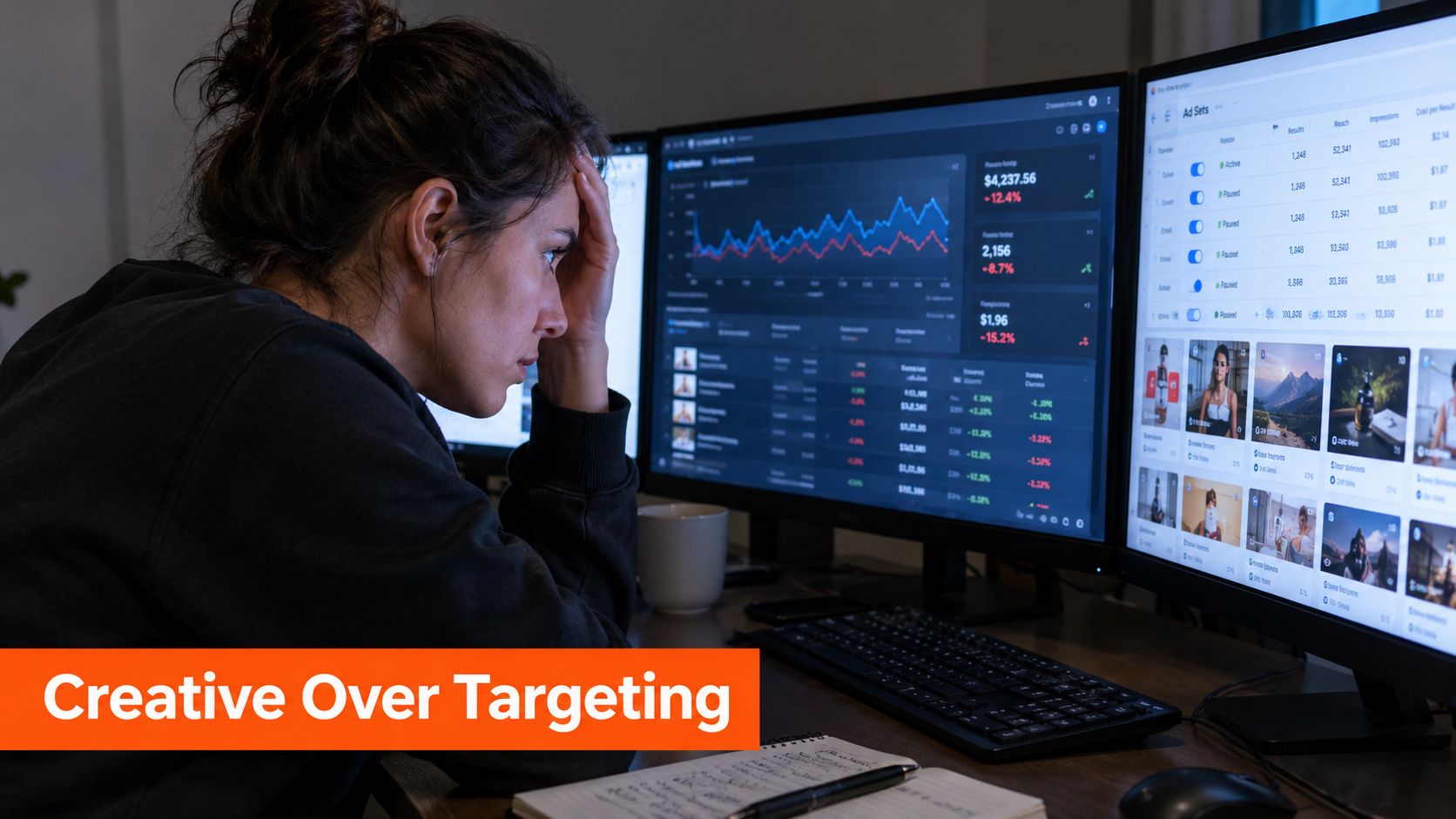 A stressed woman working at her computer late at night analyzing digital marketing performance data metrics.