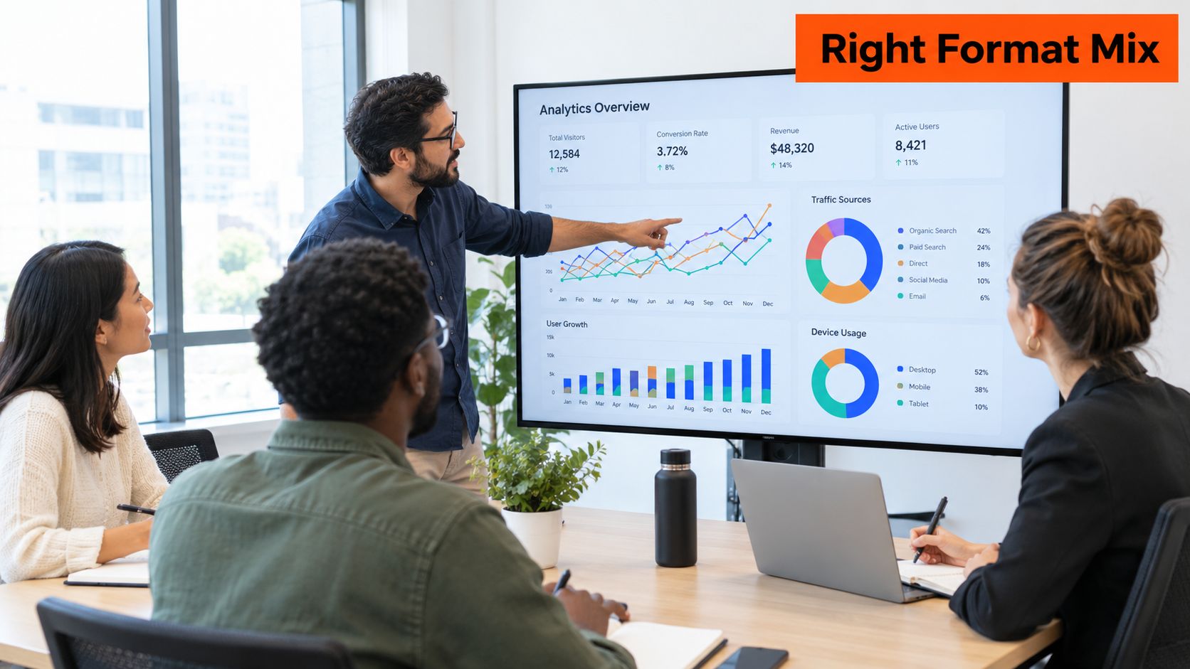 A professional team discussing analytics data on a large digital screen during a business meeting.