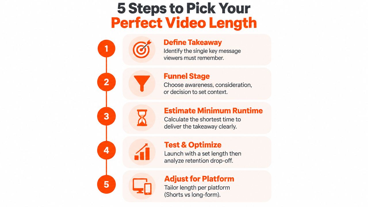 A five-step infographic showing how to determine the optimal length for your video content strategy.