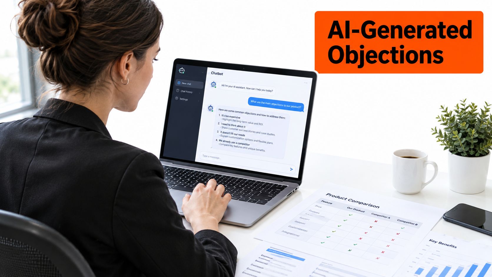 A professional woman uses a laptop to research sales objection handling strategies with an AI chatbot tool.