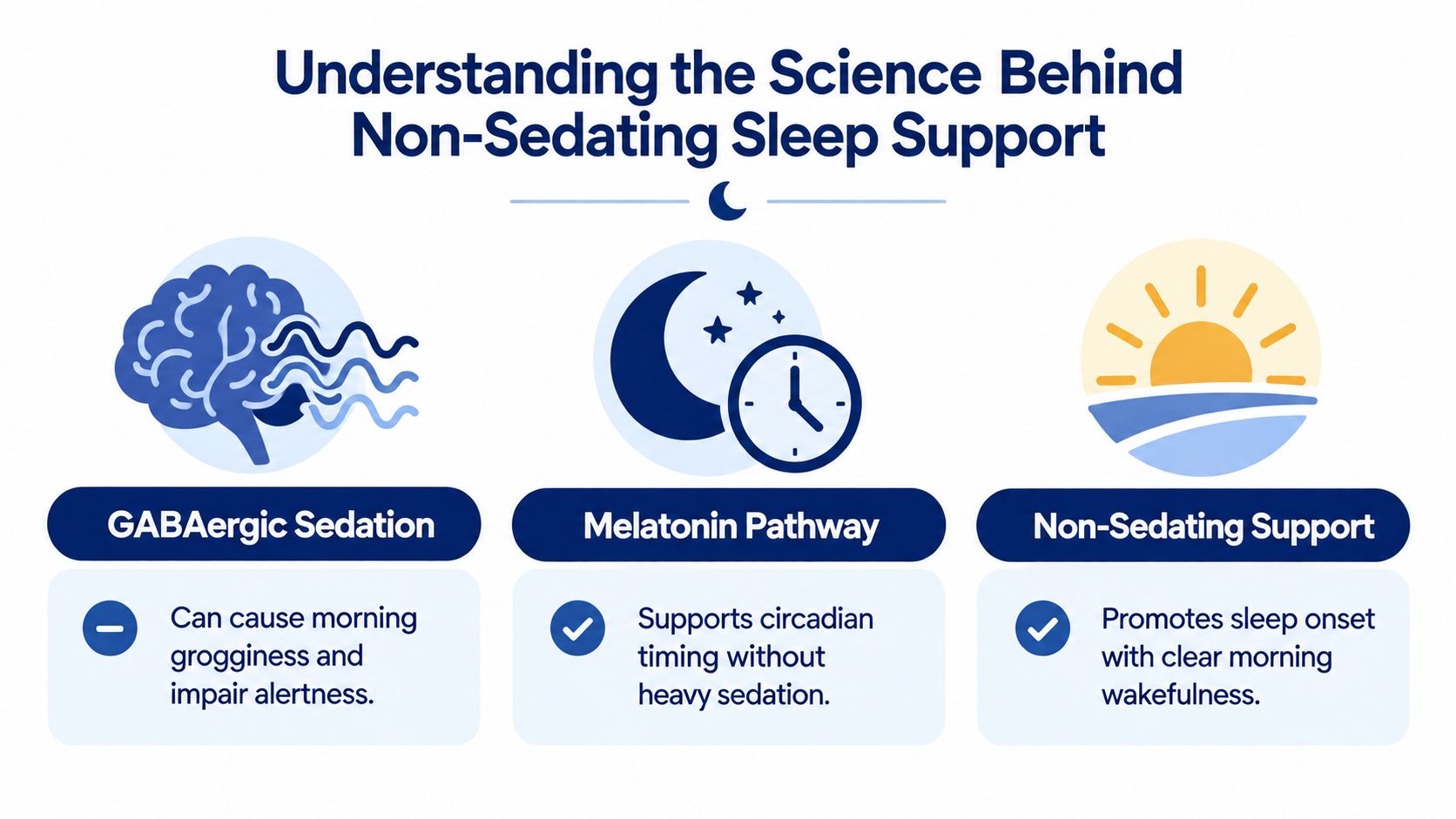 A diagram comparing GABAergic sedation with non-sedating sleep support using melatonin to promote healthy sleep cycles.