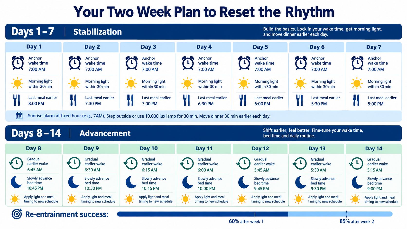 A structured two-week plan infographic designed to reset circadian rhythms through stabilized sleep, morning light, and meal timing.