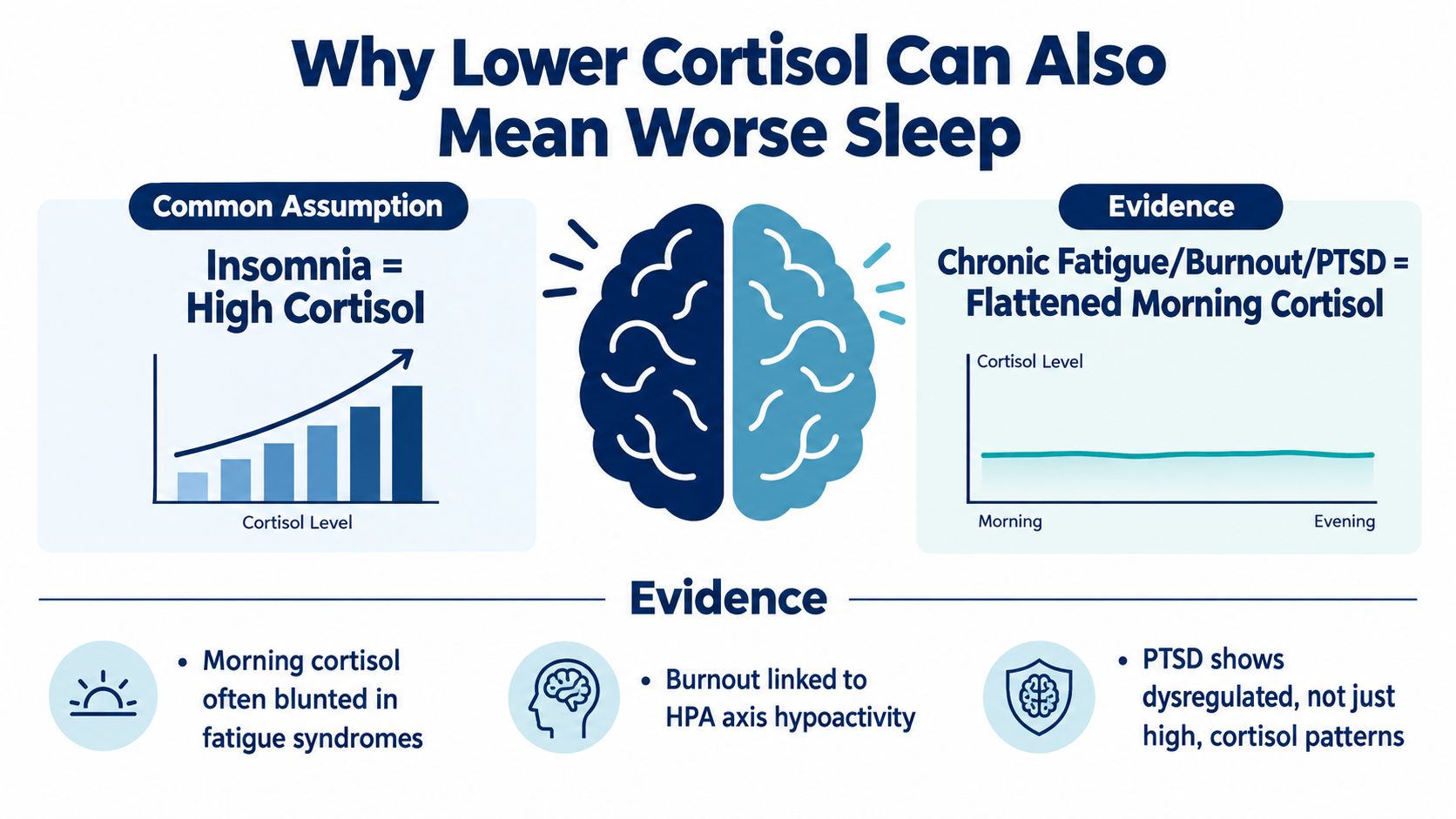 An infographic showing that lower morning cortisol levels are linked to chronic fatigue, burnout, and insomnia.