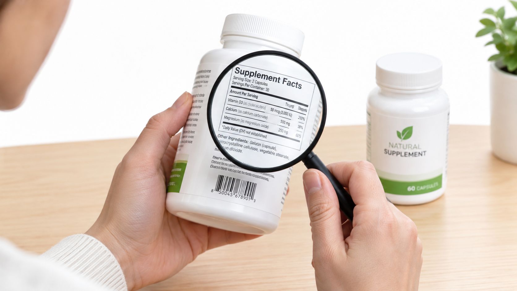 A person holding a magnifying glass to inspect the label of a supplement bottle on a table.