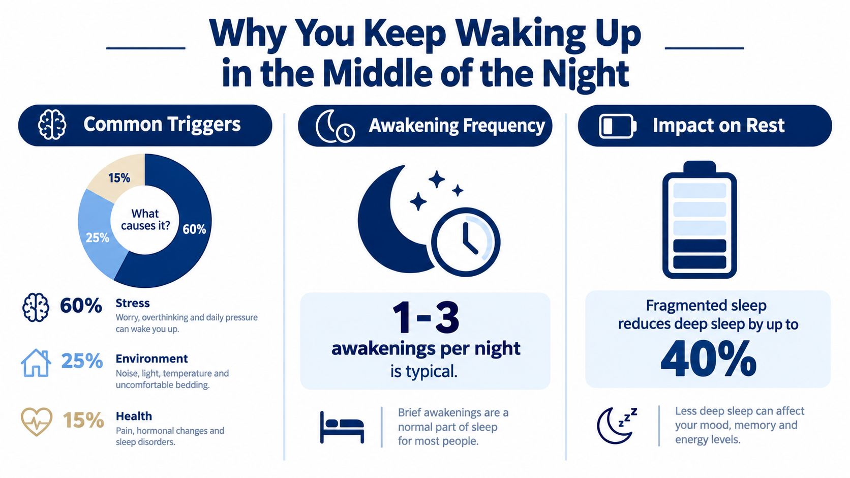 An infographic explaining common causes for waking up during the night, typical frequency, and impact on sleep quality.