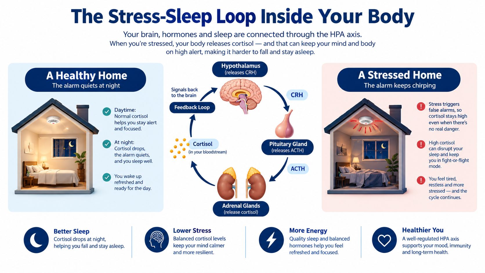 An infographic showing how the HPA axis affects the stress-sleep loop within the human body.