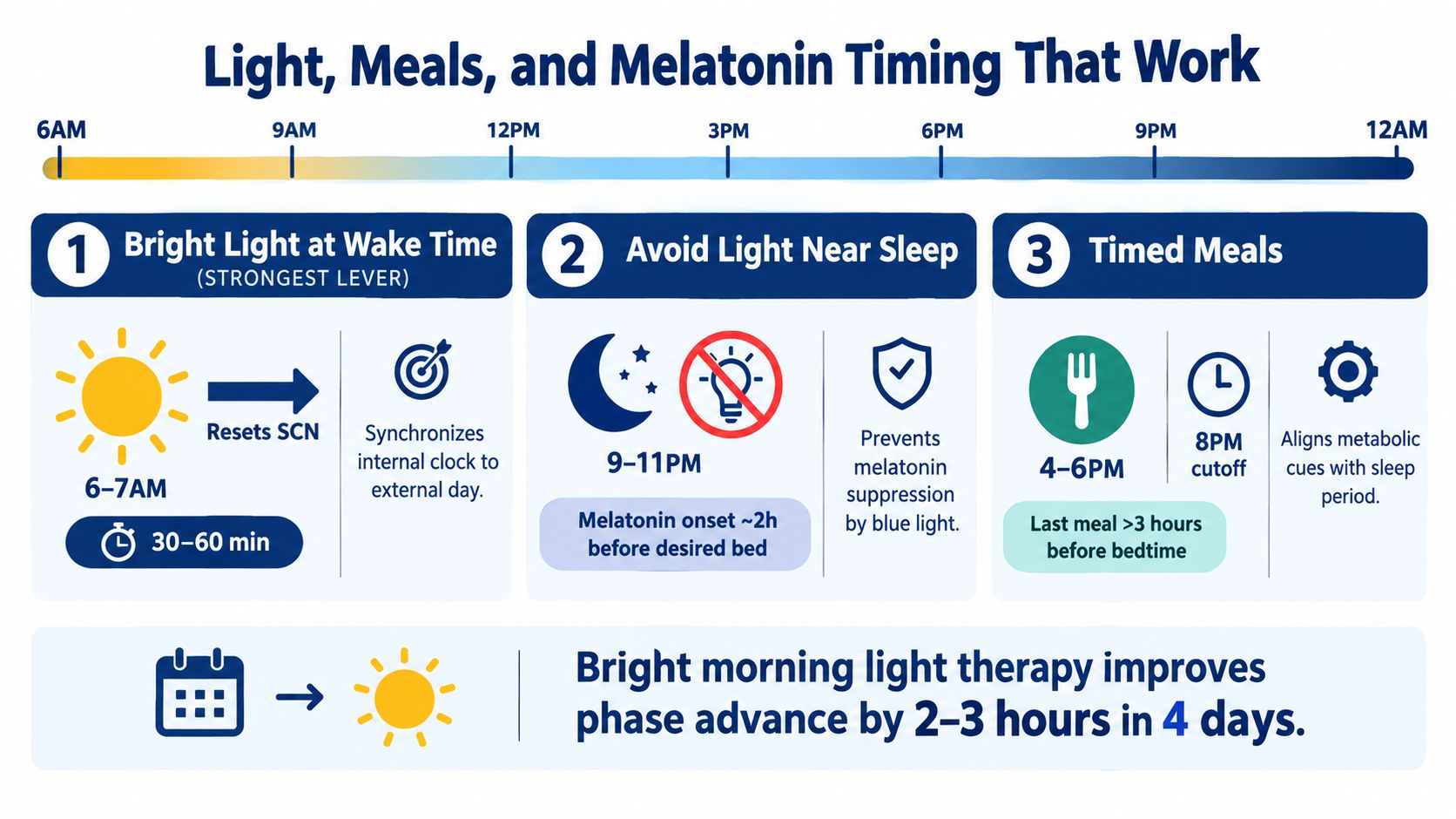 An infographic illustrating how to optimize circadian rhythms using bright light, meal timing, and melatonin management strategies.