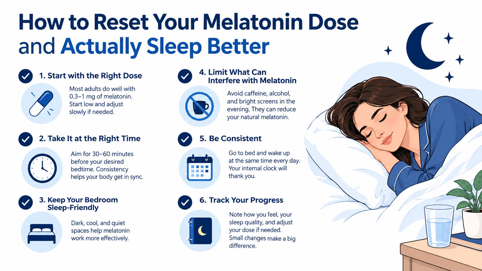 An infographic titled How to Reset Your Melatonin Dose, illustrating six steps for better sleep hygiene.