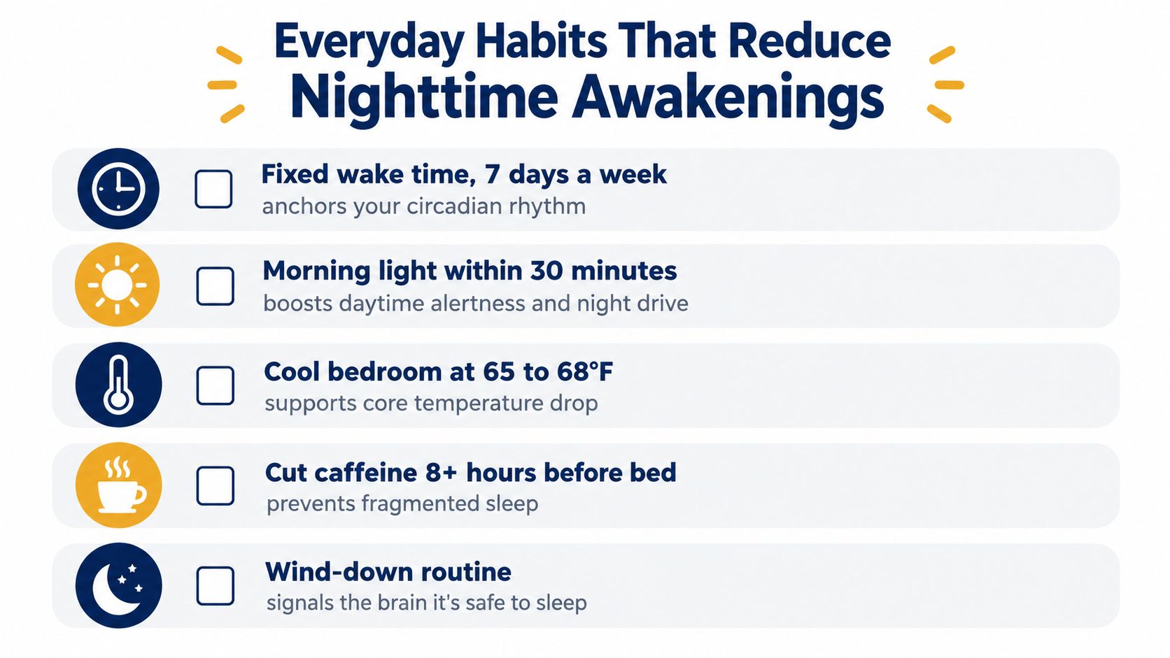 An infographic titled Everyday Habits That Reduce Nighttime Awakenings, featuring five tips to improve sleep quality.