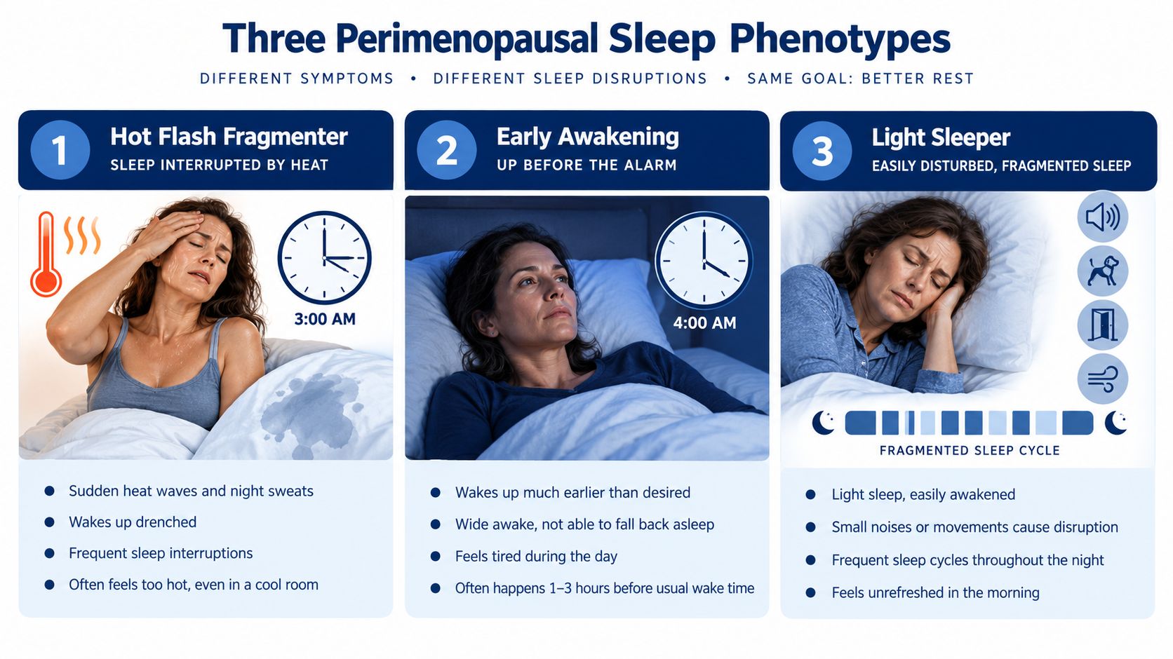 An infographic detailing three common perimenopausal sleep phenotypes characterized by hot flashes, early waking, and light sleeping.