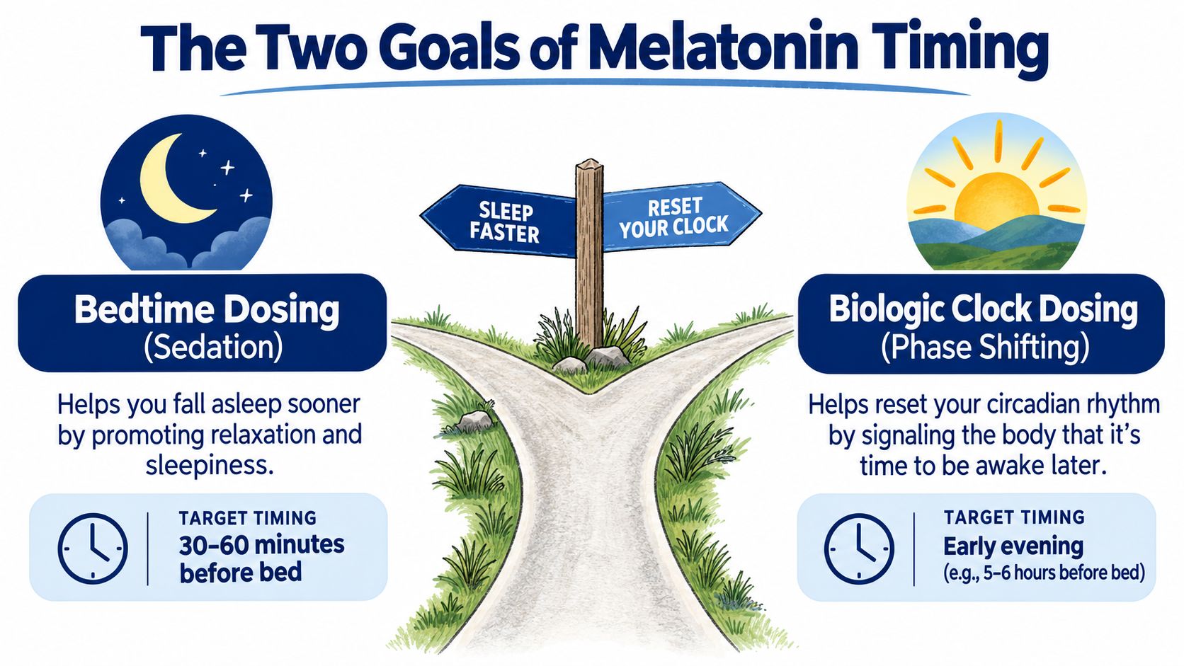 An infographic showing the two goals of melatonin timing for sleep: bedtime dosing and biologic clock dosing.