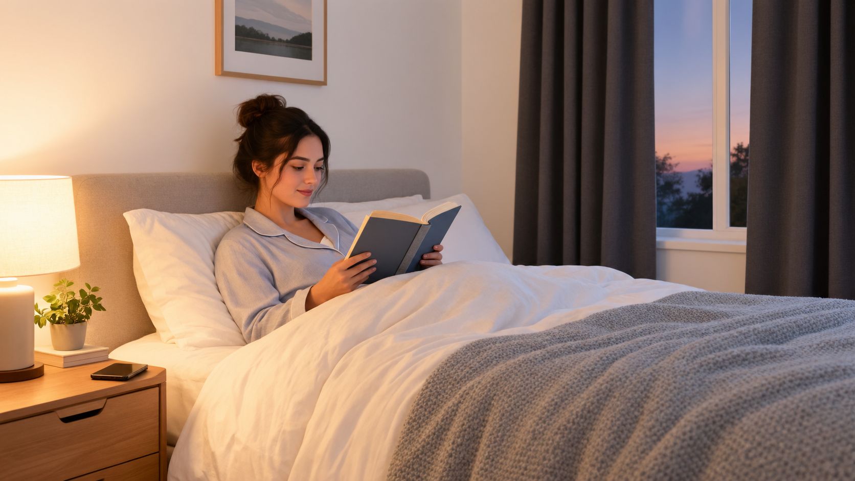 A woman wearing pajamas reads a book in bed at night while the room is dimly lit.