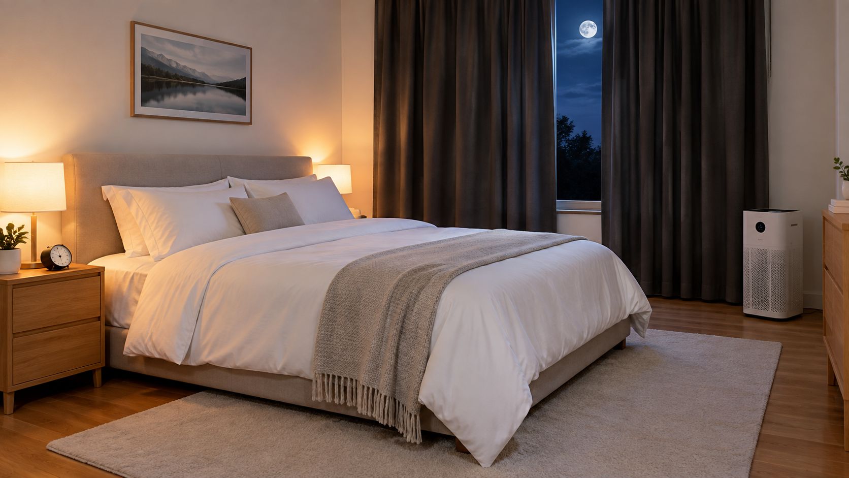 A cozy bedroom with a neatly made bed and glowing lamps under the moonlight visible through curtains.