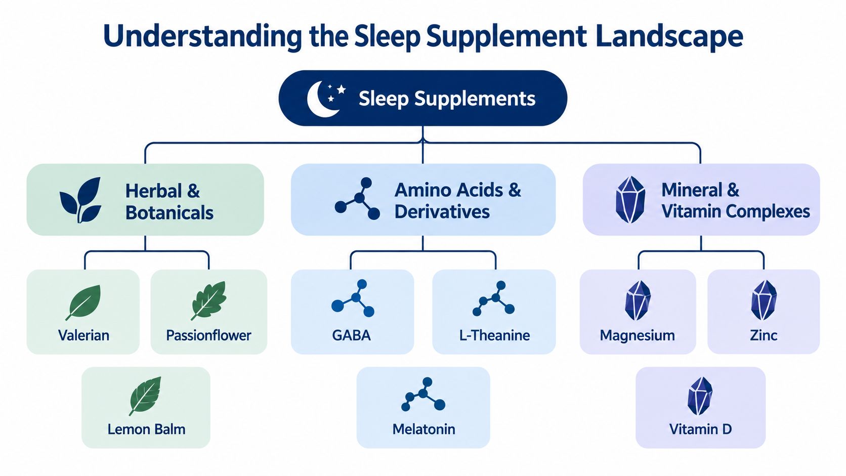 A chart categorizing sleep supplements into herbal and botanicals, amino acids and derivatives, and mineral and vitamin complexes.