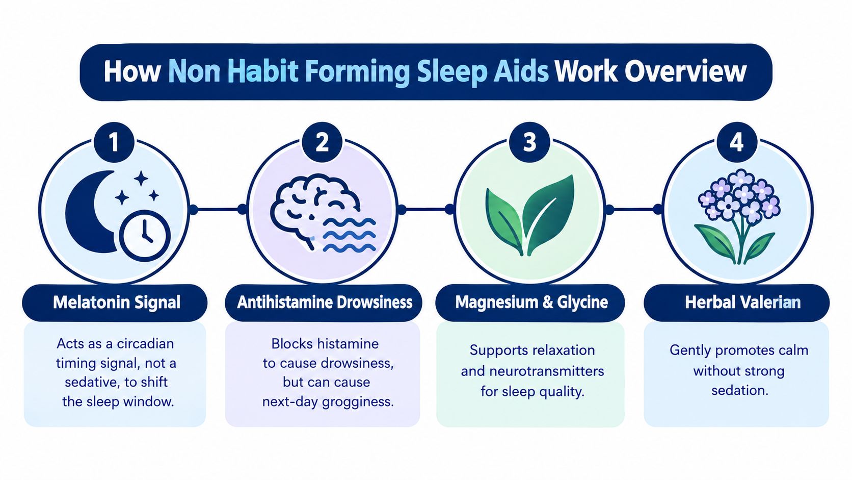 An infographic showing four common non-habit-forming sleep aids including melatonin, antihistamines, magnesium, glycine, and valerian root.