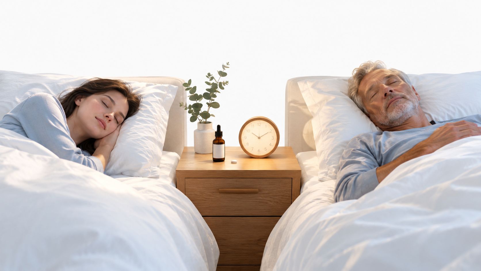 A couple sleeping peacefully in separate beds with a nightstand featuring melatonin, a pill, and a clock.